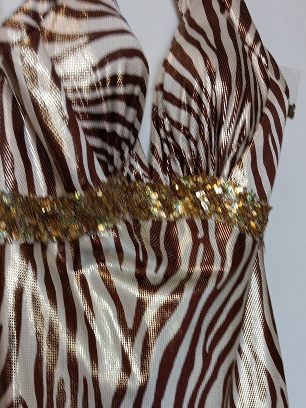 Vintage La Femme Gold and Brown Zebra-Print Maxi Dress with Embellished Waist - Picture 7 of 16